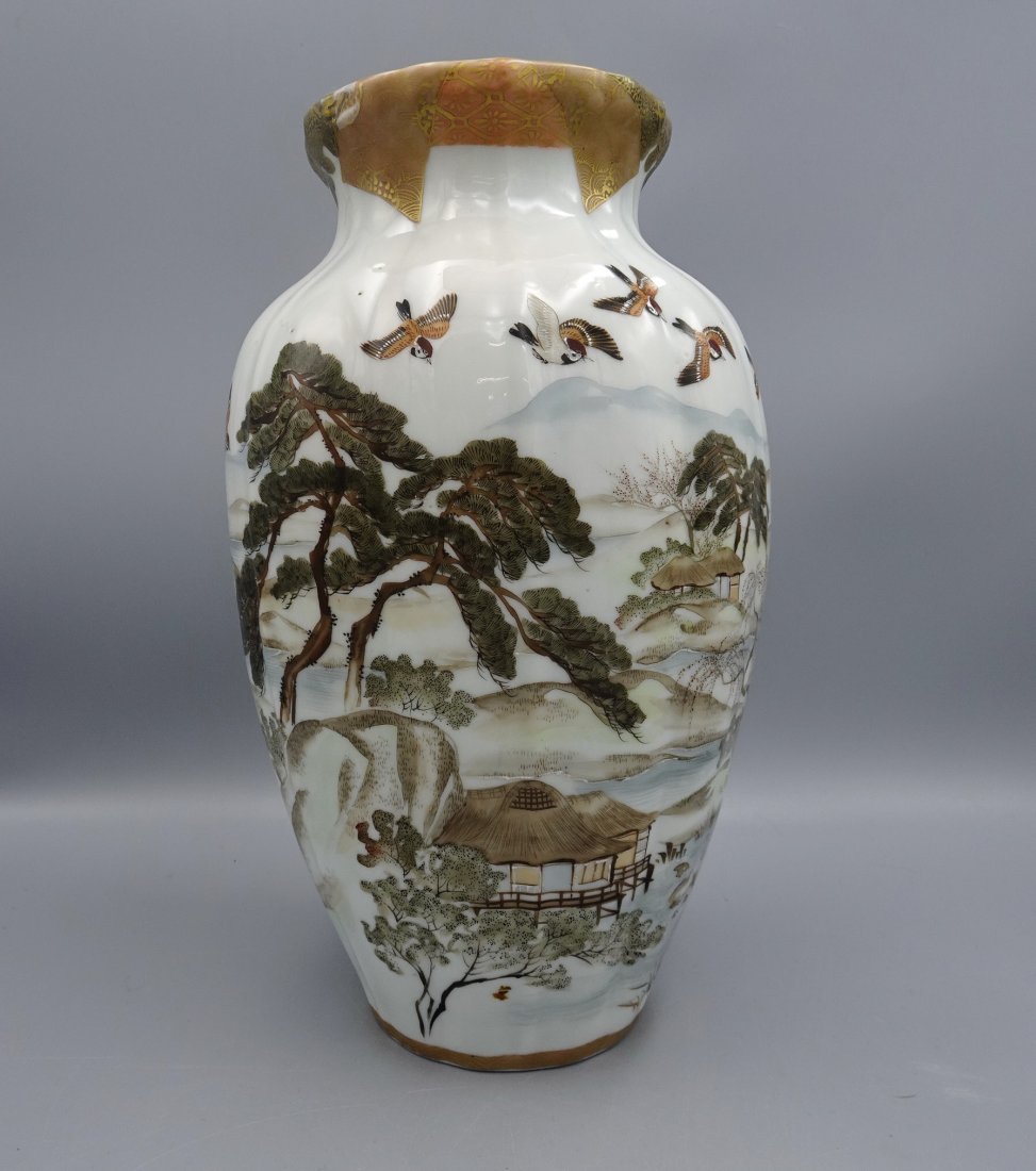 MEIJI JAPANESE SATSUMA VASE SIGNED: --Nicely detailed hand painted melon ribbed Japanese vase-signed at the base-Measures 10" tall and is in very good condition with no visible damage-From a prominent New Jersey estate-----ALL PACKING &