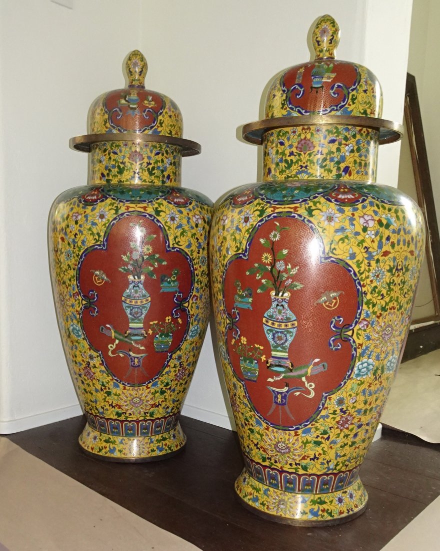 ANTIQUE PAIR OF CHINESE CLOISONNE PALACE VASES (1 of 14)