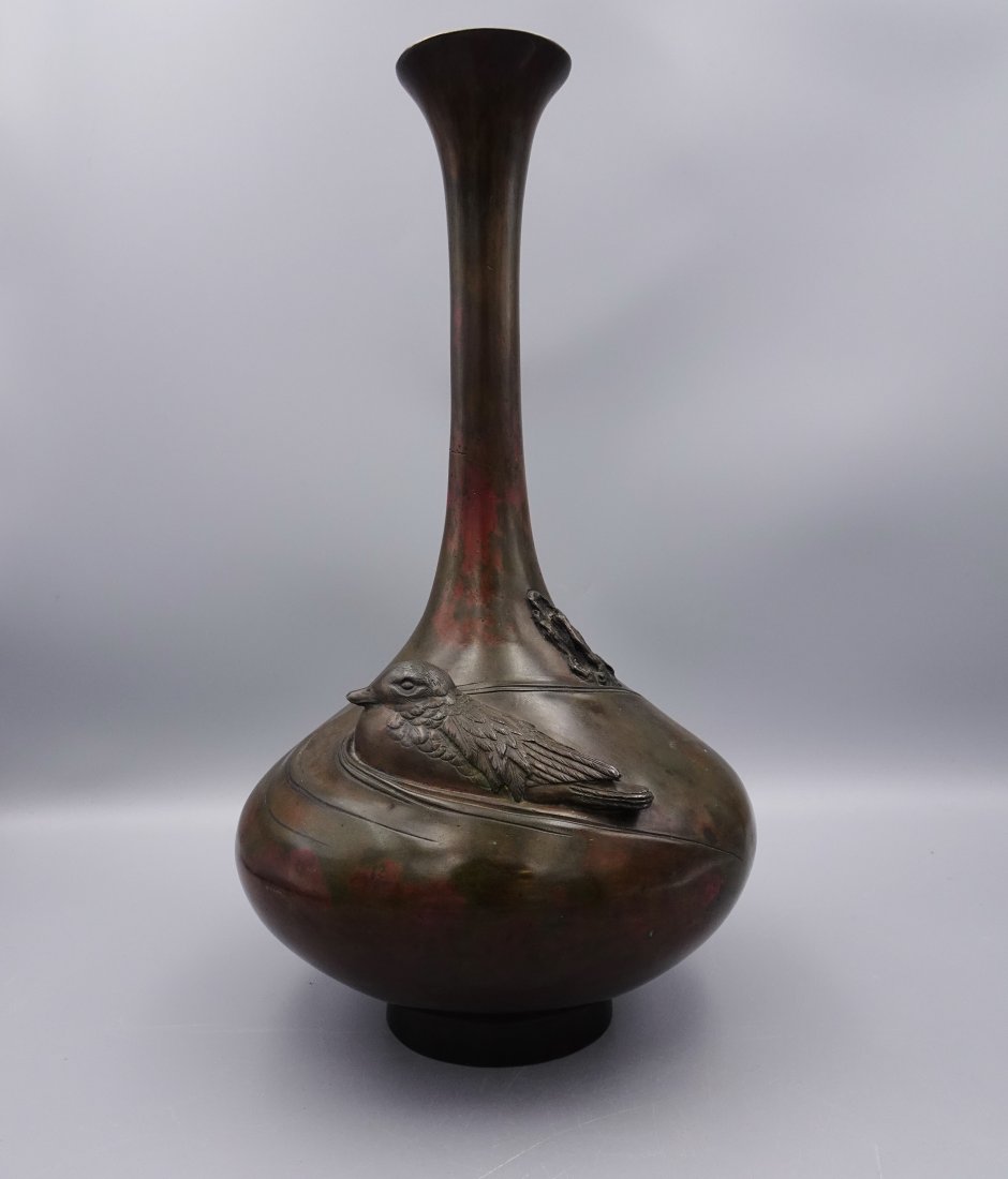 IMPORTANT MEIJI PERIOD ART NOUVEAU JAPANESE BRONZE VASE: A beautiful early Japanese vase with sculpted bird inset-Patina is beautiful-has a molted red undertone-Measures 14\" tall