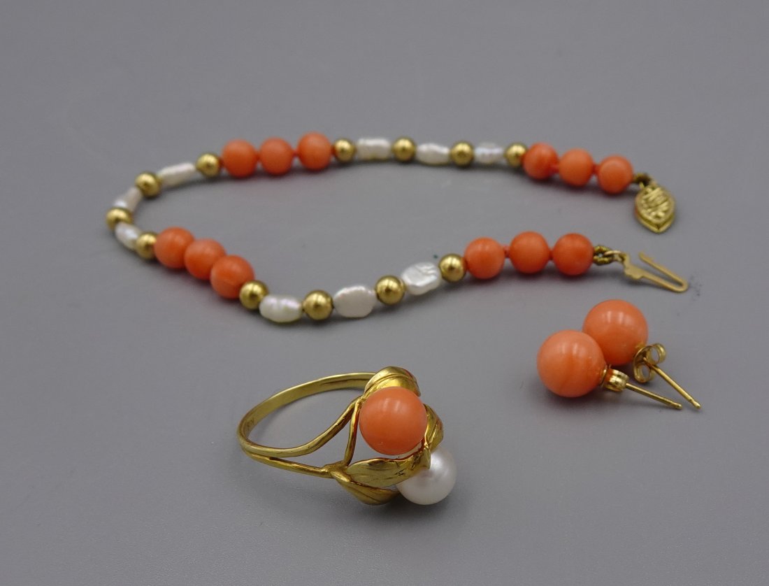 14K GOLD PEARL CORAL RING BRACELET EARRINGS SET (1 of 1)