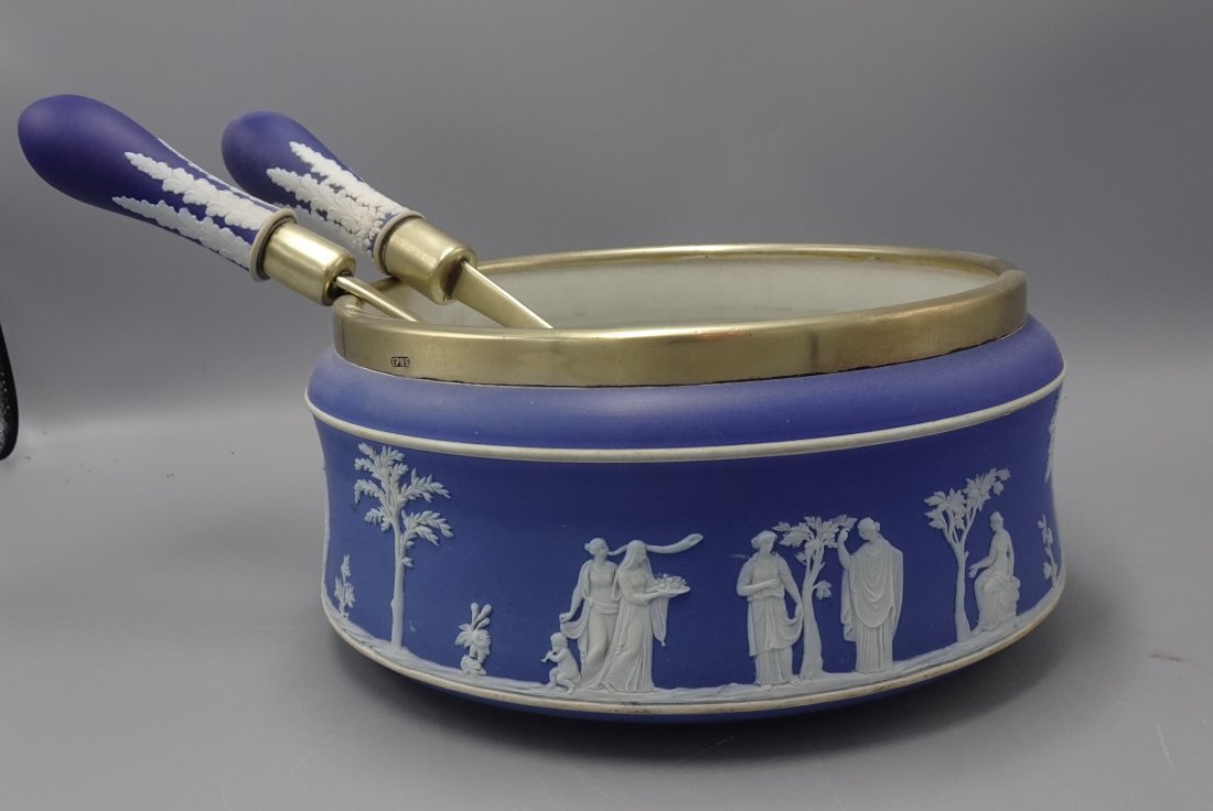 ANTIQUE WEDGWOOD JASPERWARE BOWL AND UTENSIL: 19c Wedgwood bowl with serving pieces-measures 8" wide and 5" tall-Marked at base Wedgwood-All pieces in good condition--ALL PACKING & SHIPPING IS OUTSOURCED.Purchases can be picked up at our Ho-ho-ku