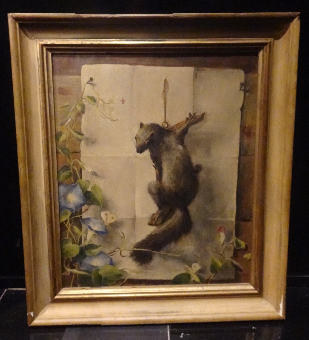 FRANK MARSDON LONDON (American, 1876-1945) OIL ON CANVAS PAINTING: Frank Marsdon London (American, 1876-1945), "Squirrels", oil on canvas, signed and dated "1939" bottom middle, measures 29" x 25" across framed-in good overall condition-some minor wear to frame as sh
