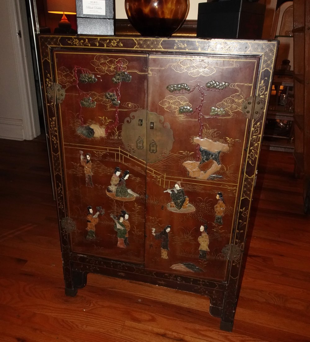 ANTIQUE CHINESE STONE INLAID LACQUER BAR EXPORT CABINET: CHINESE LACQUER AND HARD STONE CABINET, H 37:, W 25", D 10":Hand decorated. Has some mild chipping to edges-Previous owner was using it as Bar Cabinet-From the estate of Dora Sphar Saddle River NJ.Bou