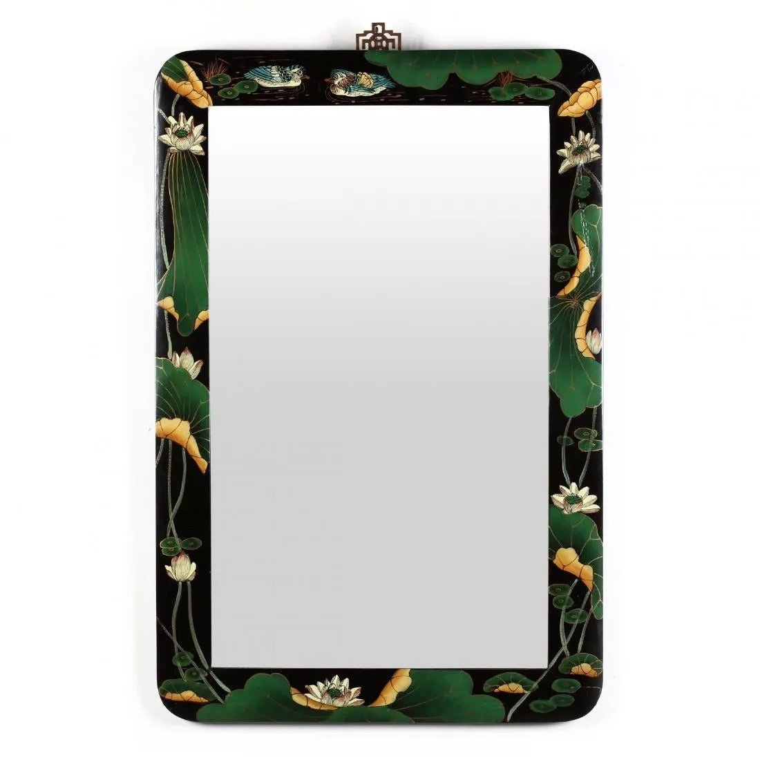 BEAUTIFUL ASIAN HAND PAINTED WOOD MIRROR: well done Asian style 20 century painted wood mirror featuring ducks and lily pads. 36 x 24 in.-in overall nice condition ------ALL PACKING & SHIPPING IS OUTSOURCED.Purchases can be picked up at our H
