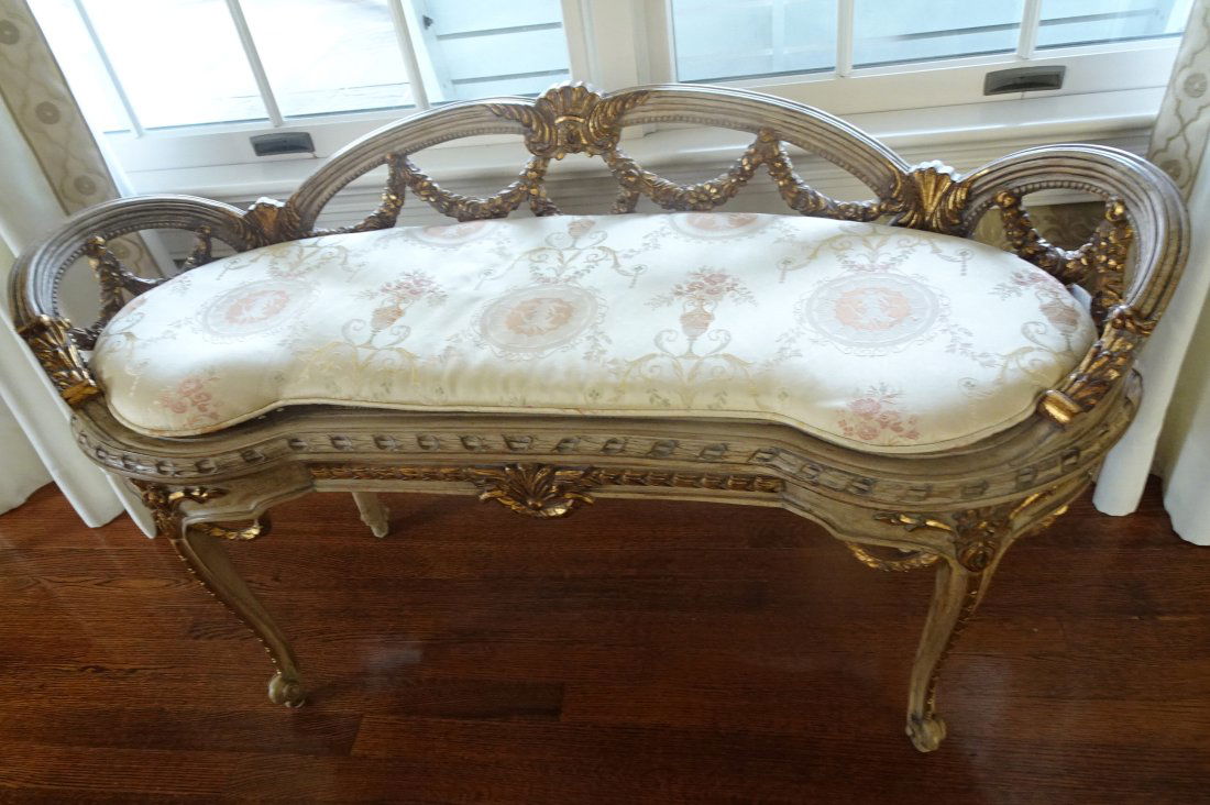 BEAUTIFUL FRENCH CANE BENCH WITH UPHOLSTERED SEAT (1 of 10)