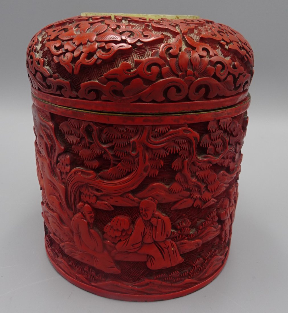 QING DYNASTY CHINESE CINNABAR COVERED JAR WITH JADE TOP (1 of 12)