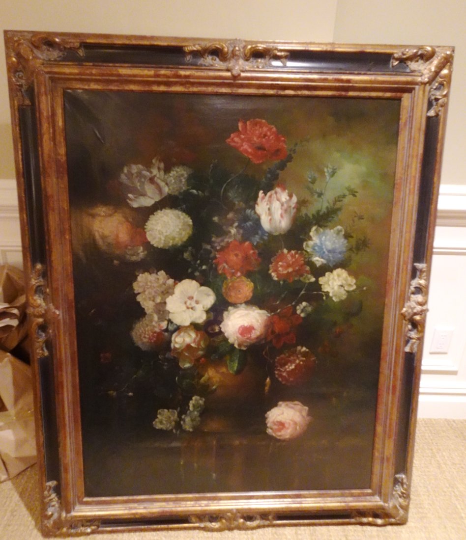 LARGE IMPRESSIVE VINTAGE STILL LIFE FLORAL OIL ON CANVAS PAINTING SIGNED (1 of 7)