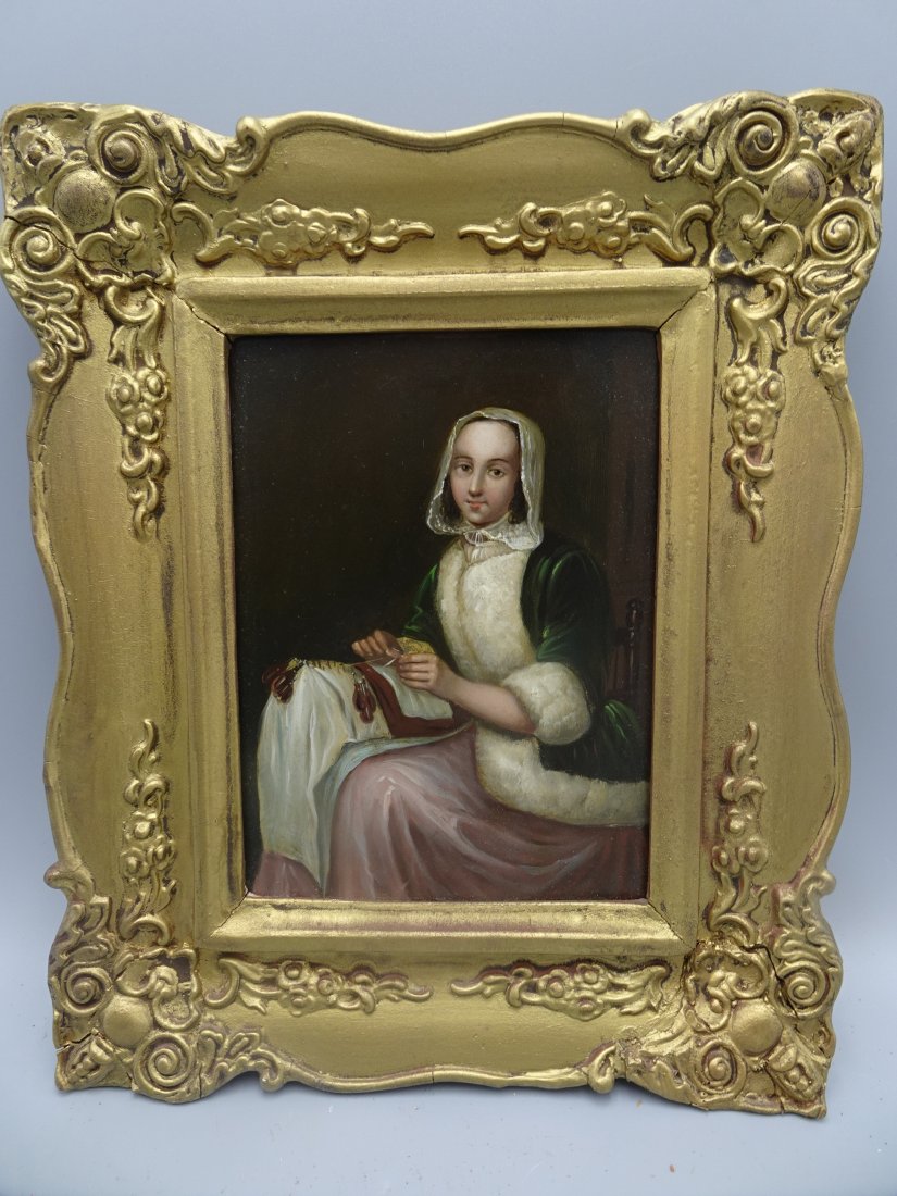 ANTIQUE OIL ON BOARD PAINTING OF A 18c FRENCH OR RUSSIAN LACEMAKER (1 of 6)