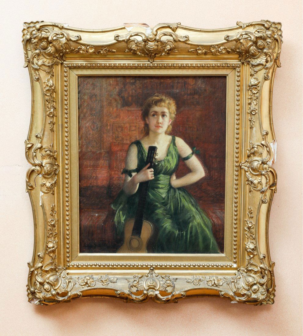 19c OIL ON CANVAS PAINTING WOMAN WITH GUITAR STANLEY MIDDLETON  (1852-1942) (1 of 3)