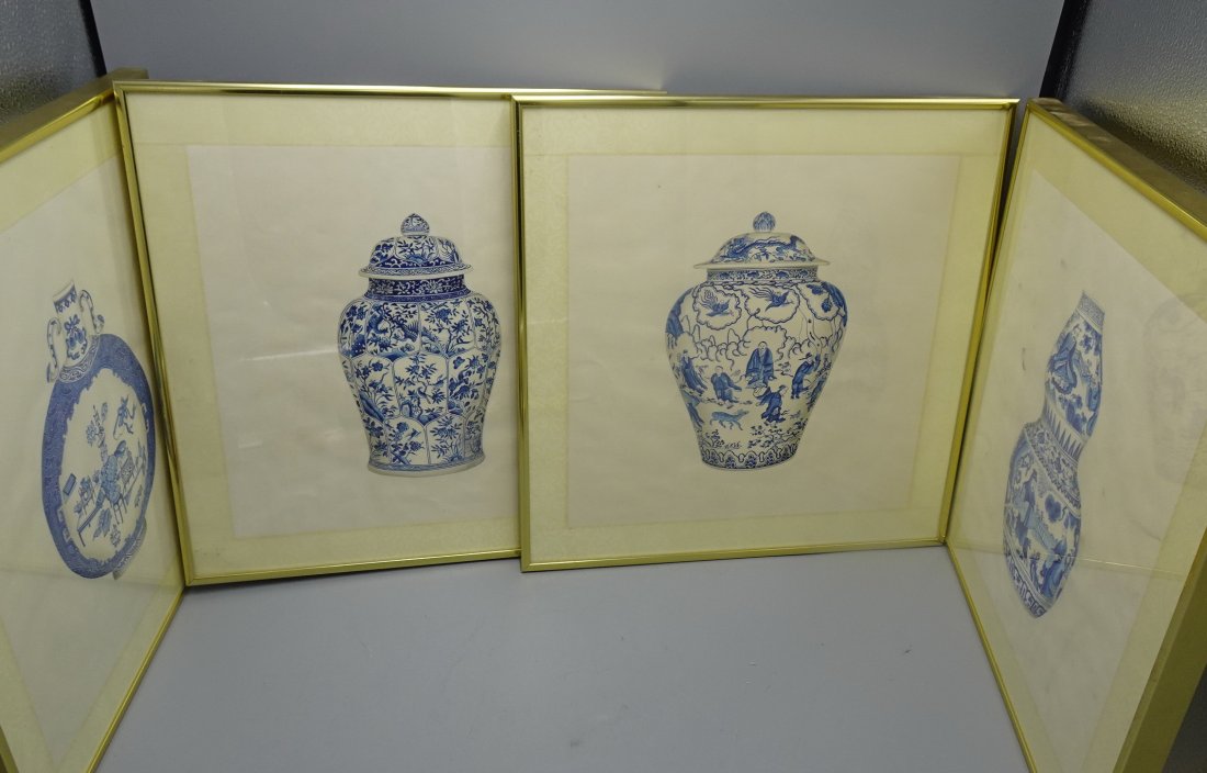 FOUR HAND PAINTED BLUE WHITE CHINESE CERAMIC WATERCOLORS FRAMED (1 of 6)