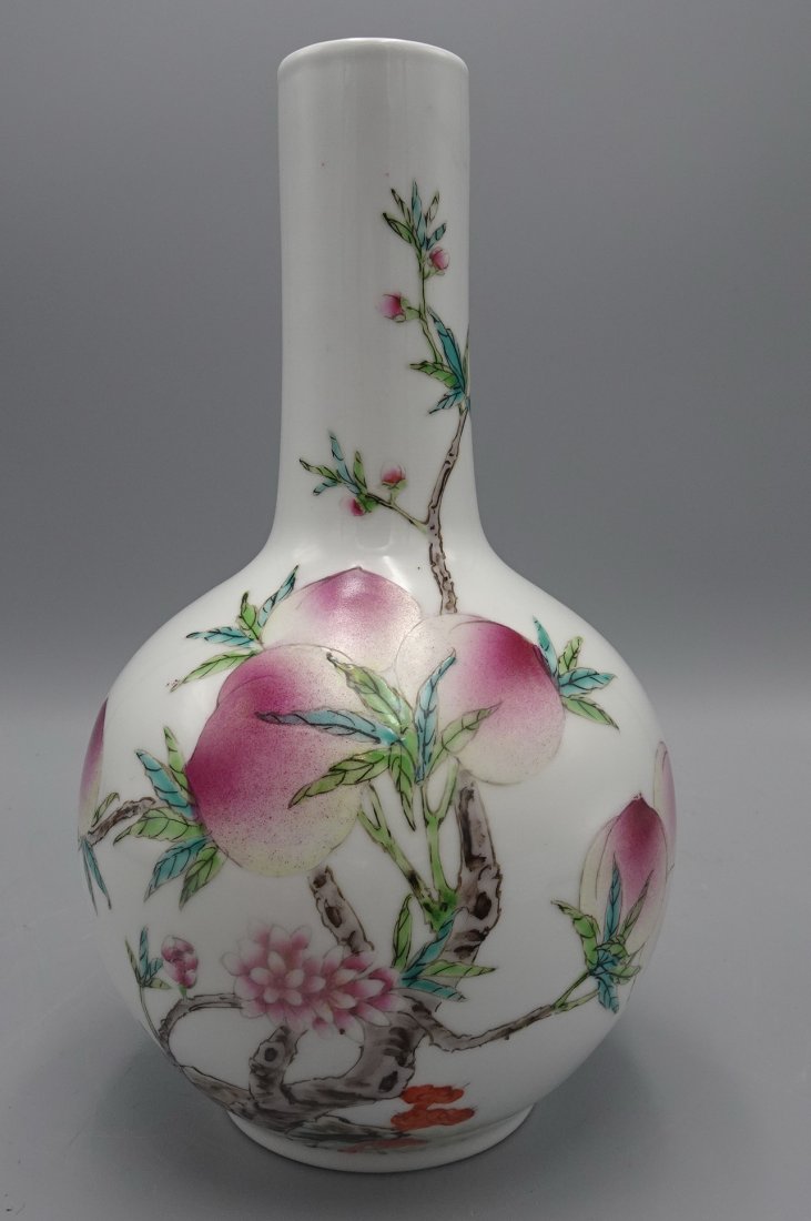 CHINESE PORCLEAIN PEACH AND BAT VASE  SIGNED (1 of 5)