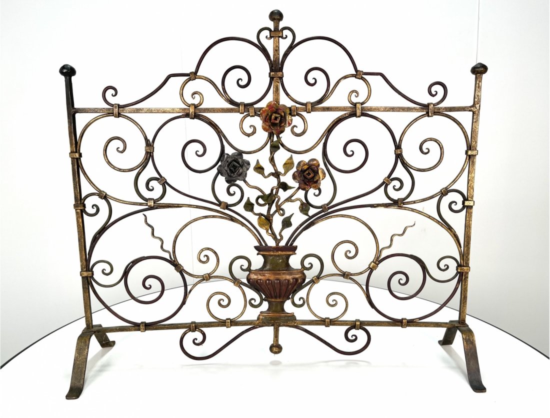 VINTAGE FRENCH WROUGHT IRON FIRE SCREEN WITH ROSES (1 of 11)