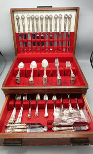 123 PIECE STERLING SILVER FLATWARE SERVICE FOR 12 GORHAM CHANTILLY PATTERN: Finely crafted with the graceful elegance associated with 18th Century France, this stately pattern was first introduced in 1895. The intricate design is embellished with a cascade of deeply carved