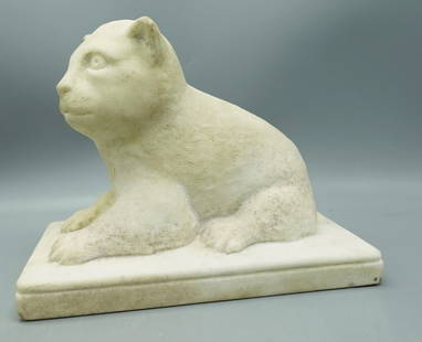 RARE EARLY MING DYNASTY CHINESE MARBLE GUARDIAN CAT SCULPTURE STATUE: RARE EARLY MING DYNASTY POSSIBLY OLDER CHINESE MARBLE GUARDIAN CAT SCULPTURE STATUE--Measures 8"x4" across base and 6" tall-in good overall condition Purchases can be picked up at our Ho-ho-kus