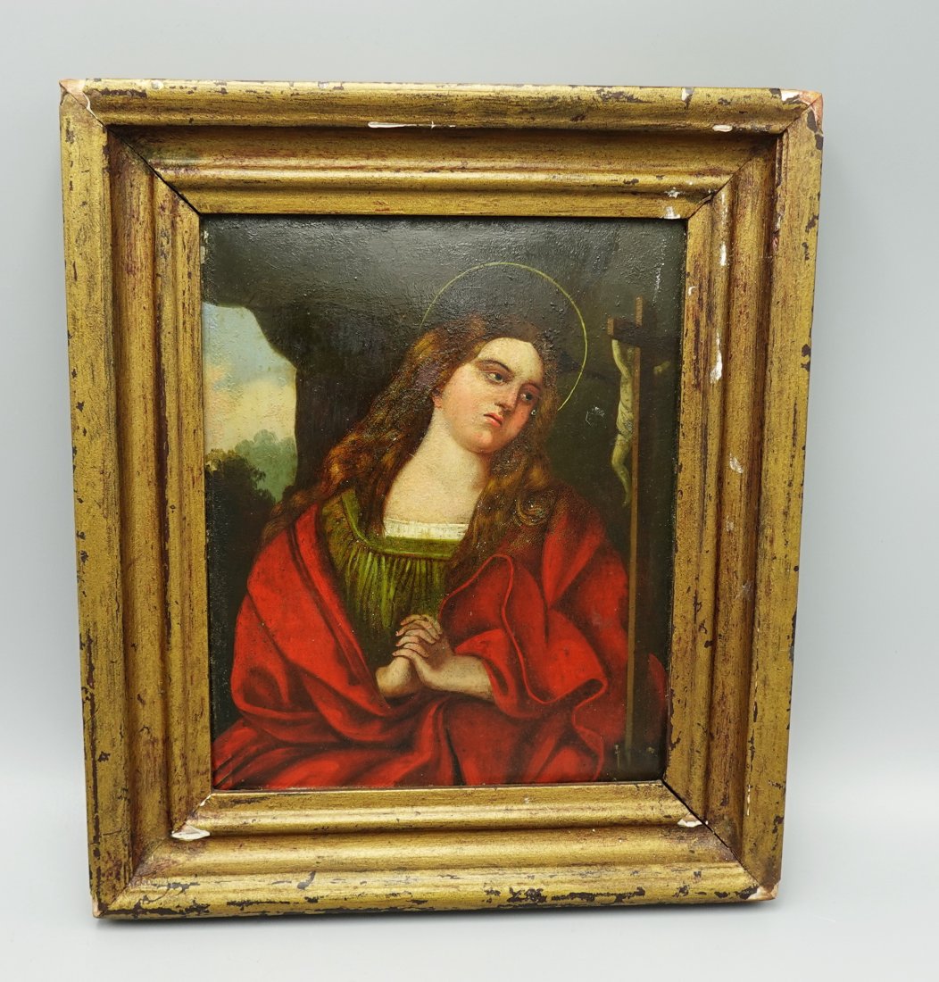 ANTIQUE VIRGIN MARY PAINTING 18c OIL ON METAL RELIGIOUS (1 of 5)