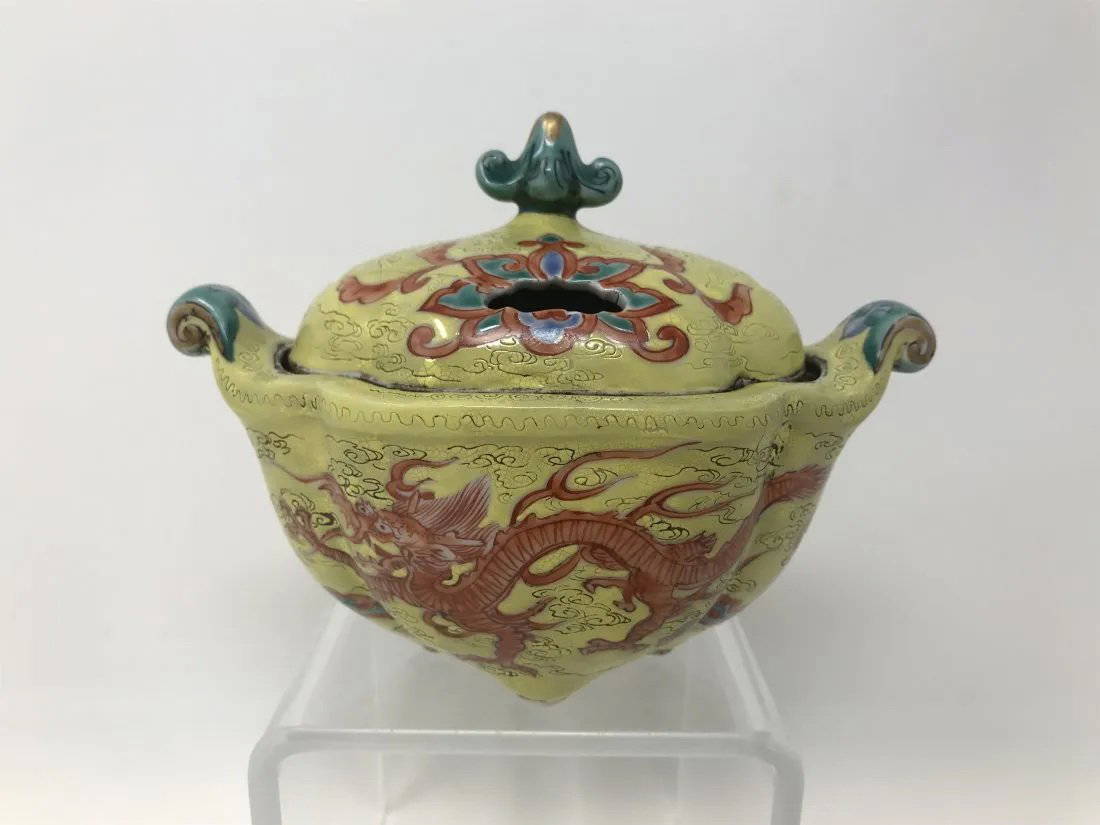Antique Chinese Yellow Glazed Porcelain Dragon Incense Pot Auction