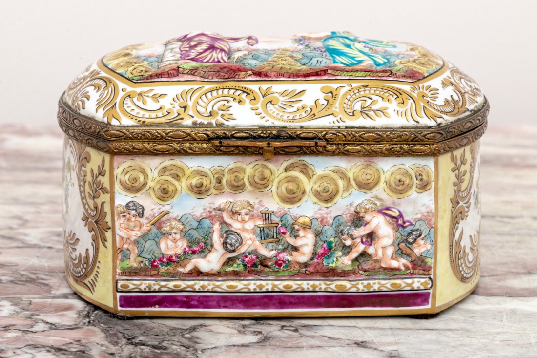 ANTIQUE 19c ITALIAN PORCELAIN CROWN NAPLES CAPODIMONTE FOOTED HINGED BOX (1 of 11)