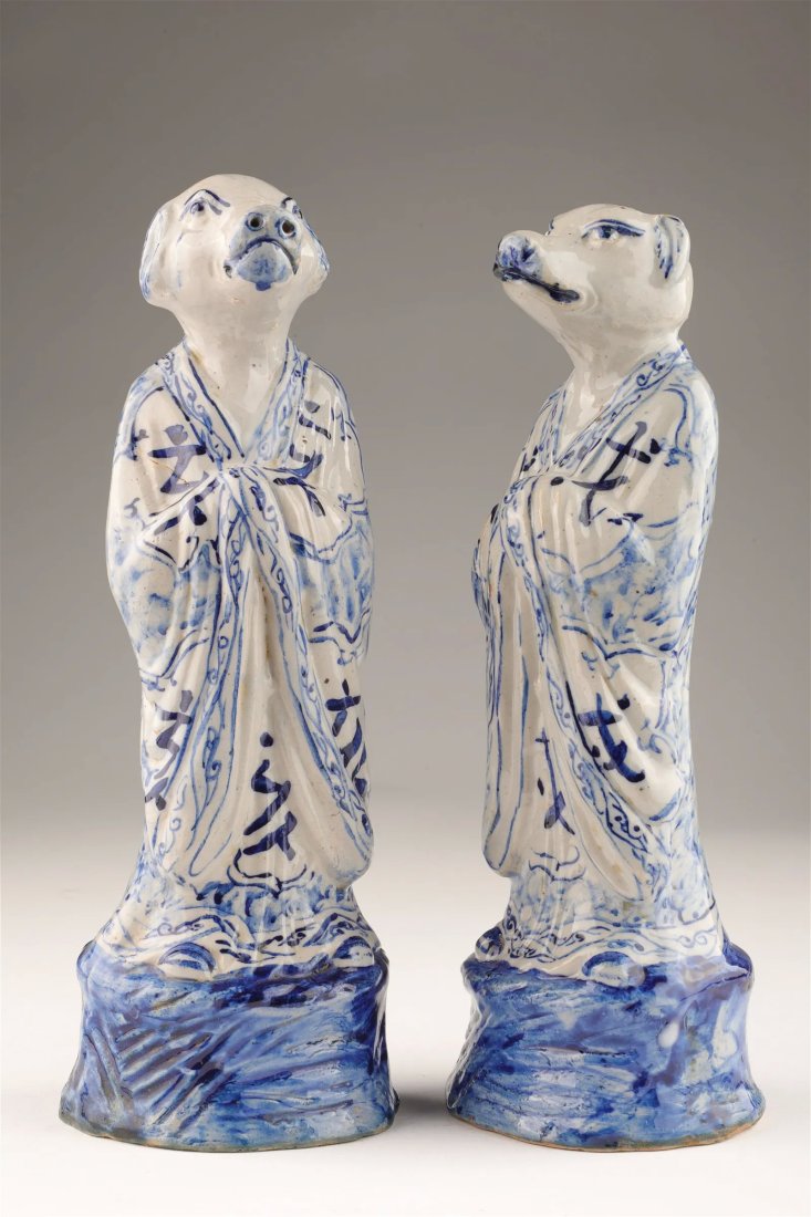 NICE PAIR OF BLUE & WHITE CHINESE PORCELAIN ZODIAC FIGURE STATUES (1 of 5)