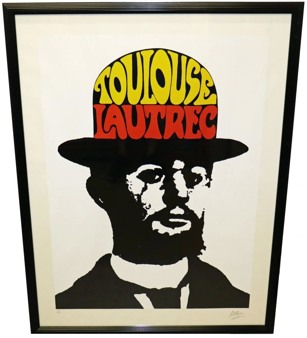 PETER MAX SIGNED LIMITED EDITION TOULOUSE LAUTREC LITHOGRAPH: Peter Max (b. 1937) Large Pop Art portrait of the artist Toulouse Lautrec wearing a hat with yellow and gold lettering. Signed lower right, numbered 85/125 lower left. Measures 50.25" x 38.25" w/ fram