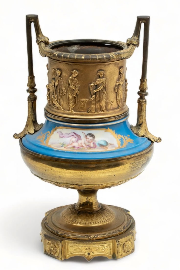 ANTIQUE EARLY FRENCH EMPIRE PORCELAIN AND BRONZE SEVRES GARNITURE VASE: French Empire Bronze And Sevres Porcelain Garniture Ca. 1840, H 13" W 8" | a finely cast mercury gilded bronze double handled garniture having frieze of relief figures from antiquity. 18th c. Sevres B
