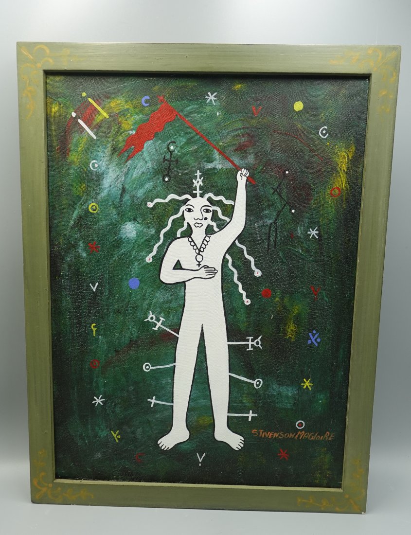 STEVENSON MAGLOIRE (Haitian, 1963) OIL ON CANVAS PAINTING SIGNED: STEVENSON MAGLOIRE (Haitian, 1963) OIL ON CANVAS PAINTING SIGNED-measures 18" x 13.5" across and remains is good condition-Provenance: From the Estate of Barbara Kanash art dealer and collector Saddle