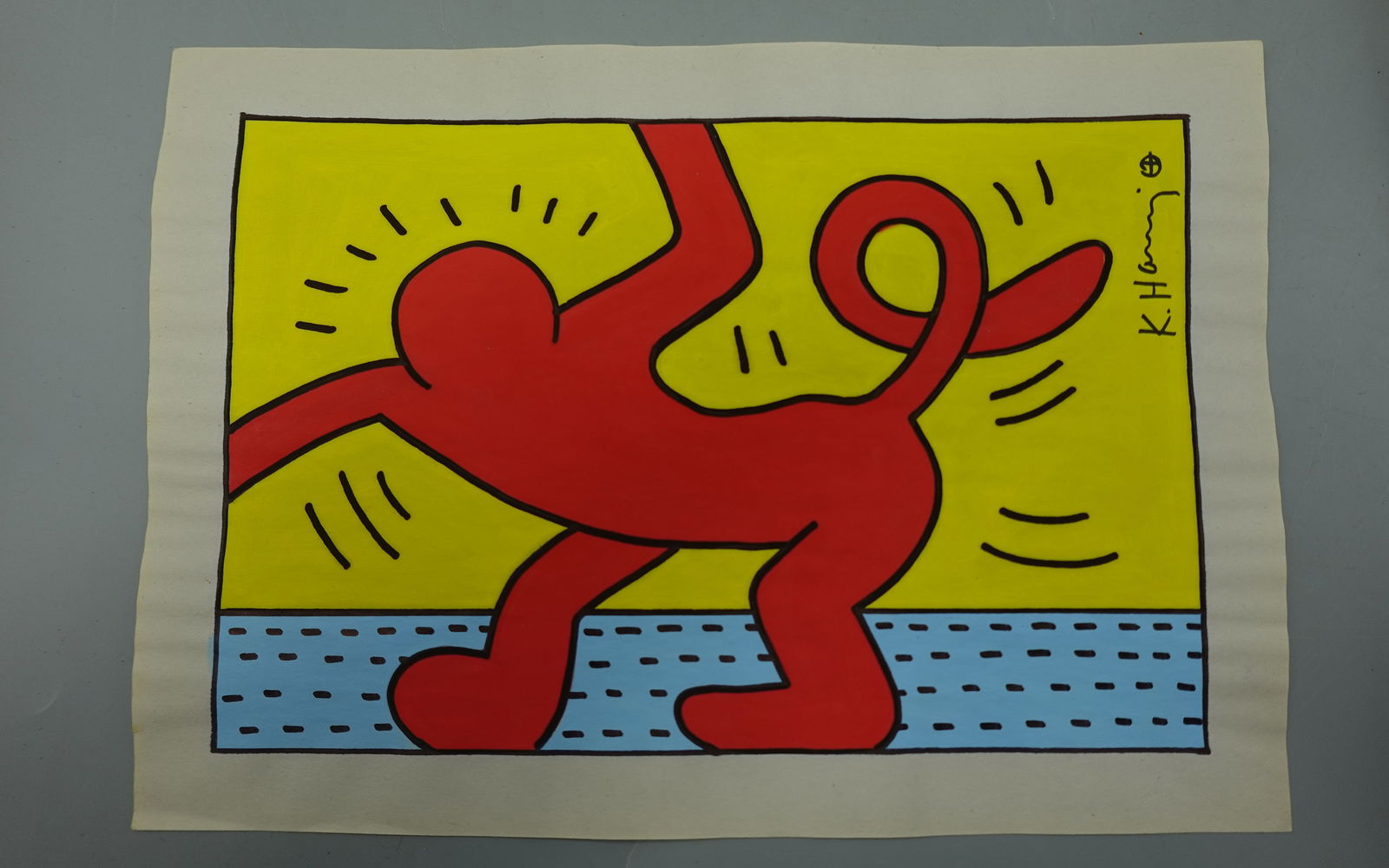 KEITH HARING DRAWING ON PAPER SIGNED WITH STAMP BY HARING ESTATE: Rare Keith Haring; 20thC. mix media Felt -Tip Drawing. Felt-tip drawing on paper. Untitled(Crouching Figure) Bears signature and artist's device--Keith Haring Authorized estate stamp top left and lowe