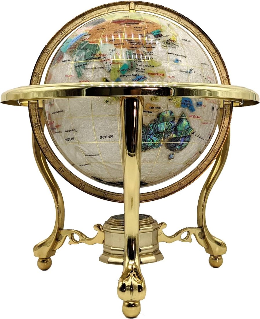ALEXANDER KALIFANO 14" MOTHER OF PEARL GEMSTONE GLOBE ON STAND WITH COMPASS: Alexander Kalifano 14" Tall Semi Precious Stone Globe With Brass Base And Compass.Overall nice condition--From the Estate of Barbara Kanash art dealer and collector Saddle River NJ----Purchases can be