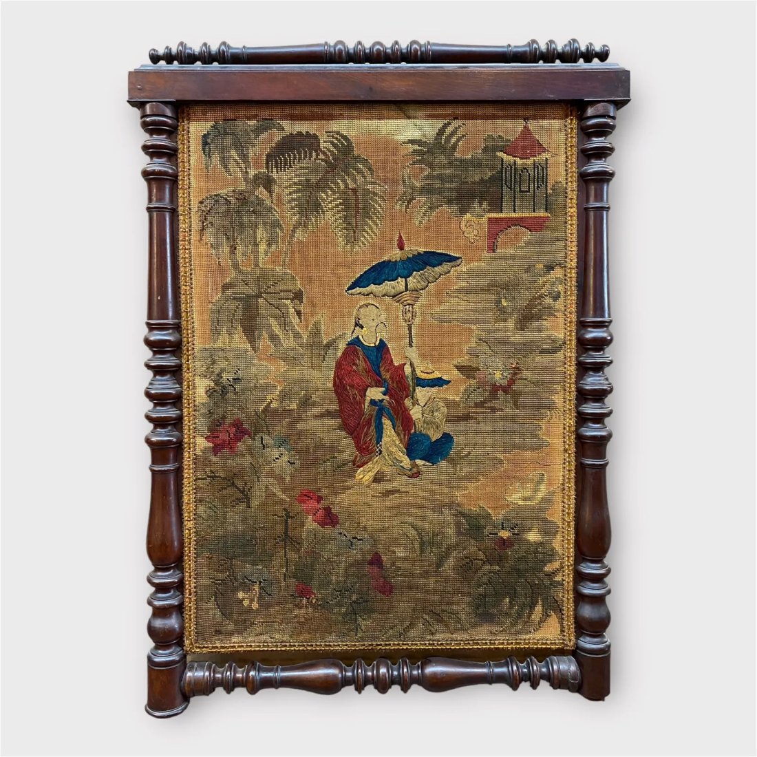 19c CHINESE TEXTILE EMBROIDERY FRAMED: Antique Chinese Tapestry textile in a impressive Carved Wood Frame. Frame Size: 33" x 25" Tapestry Size: 28" x 20". Depicts a man holding an umbrella.--From the Estate of Barbara Kanash art dealer and