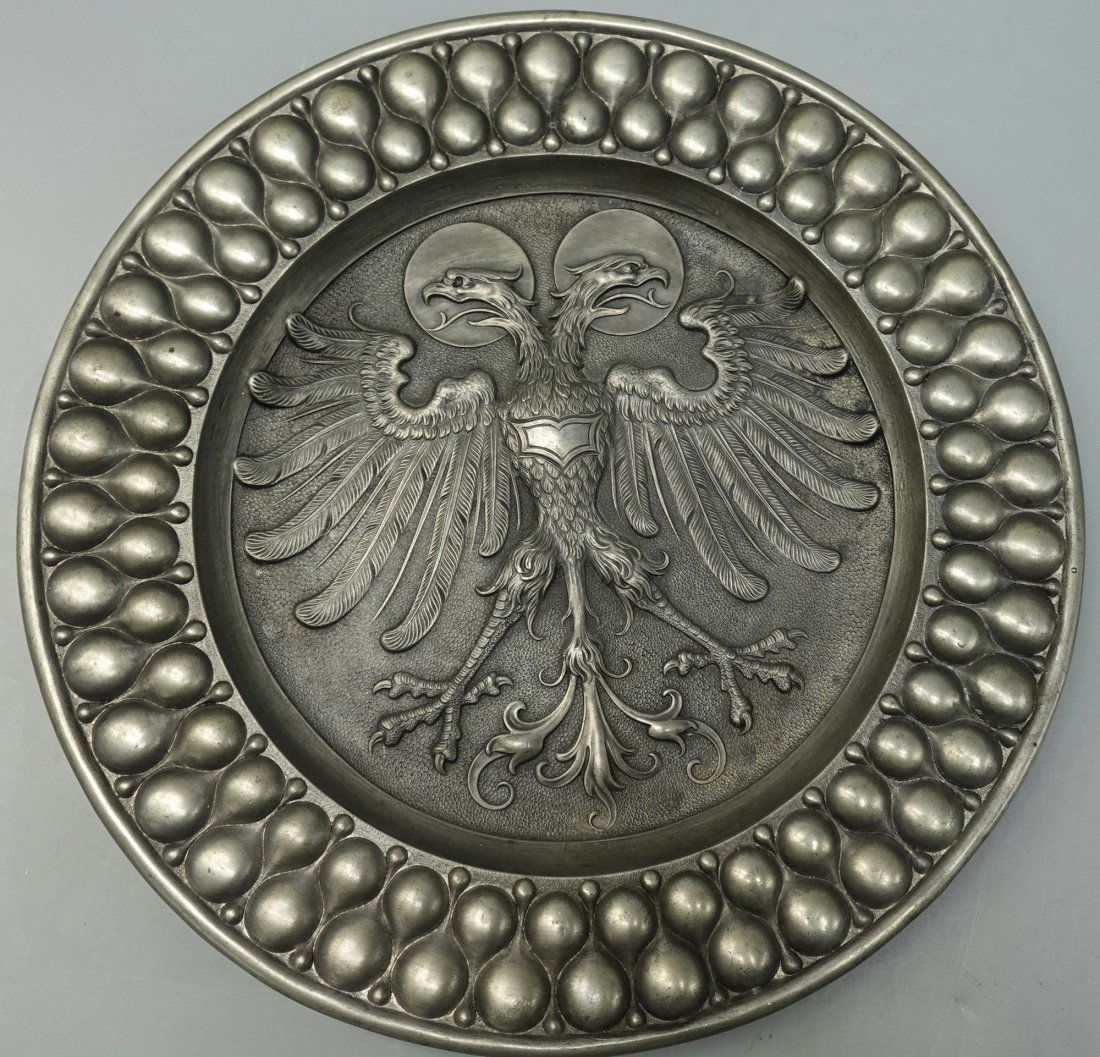 RARE ANTIQUE DOUBLE HEADED EAGLE WITH HALO GERMAN NUREMBURGER NORIMBERGIA PEWTER PLATE: Very special piece Finely detailed!!! Fully marked at the backside Nuremburger Norimbergia 1775-aslo has a script word I can't make out-looks like the initial F. ???-measures 9" across and remains in