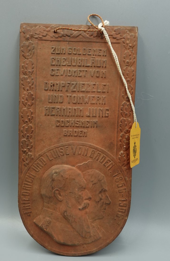 ANTIQUE ROYAL GERMAN JUBILEE TERRACOTTA PLAQUE W/ SOTHEBY TAG: own a piece of Royal History-up for auction is an antique 1906 terracotta commemorative plaque the Golden Jubilee of Friedrich I and Luise Von Baden, Grand Duke of Germany, and Princess of Prussia. A 