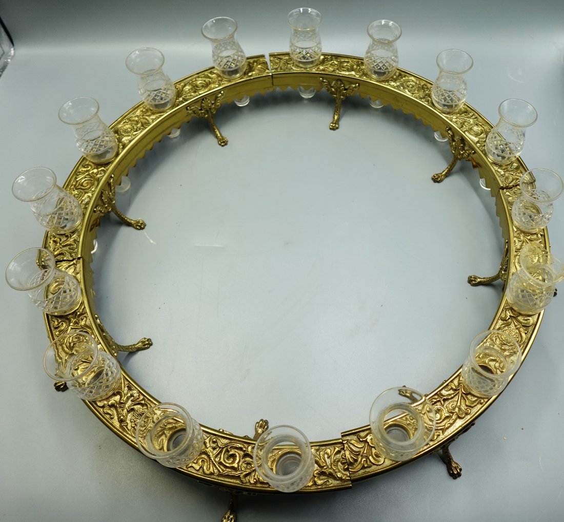 ANTIQUE ENGLISH SIGNED OSLER BRONZE & CRYSTAL GARNITURE EPERGNE DISPLAY: Empire Style table garniture with 18 cut crystal insets. Signed Osler. English, 19th Century.Measures Approx., Large 19 inch diameter x 2.25 inch height-insets measure 4"-one piece of glass has a crac