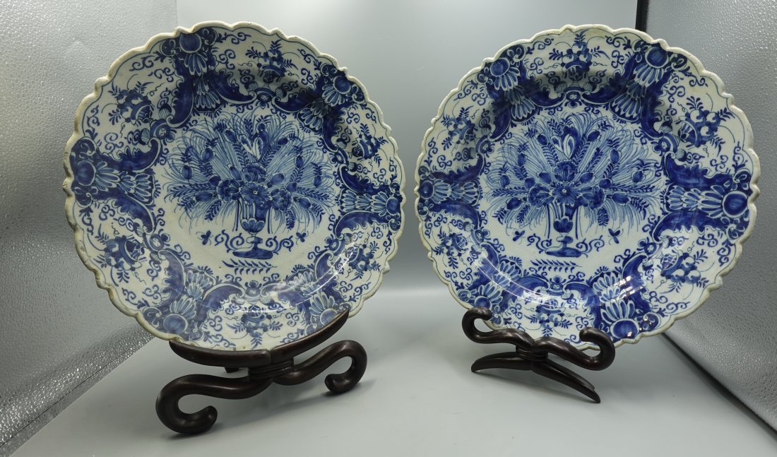 PAIR OF 18c DELFT CHARGER PLATES: Very early Delft Chargers measuring 14" across-c 1700s-in good condition-with original information at backside-From the Estate of Barbara Kanash art dealer and collector Saddle River NJ----Purchases c