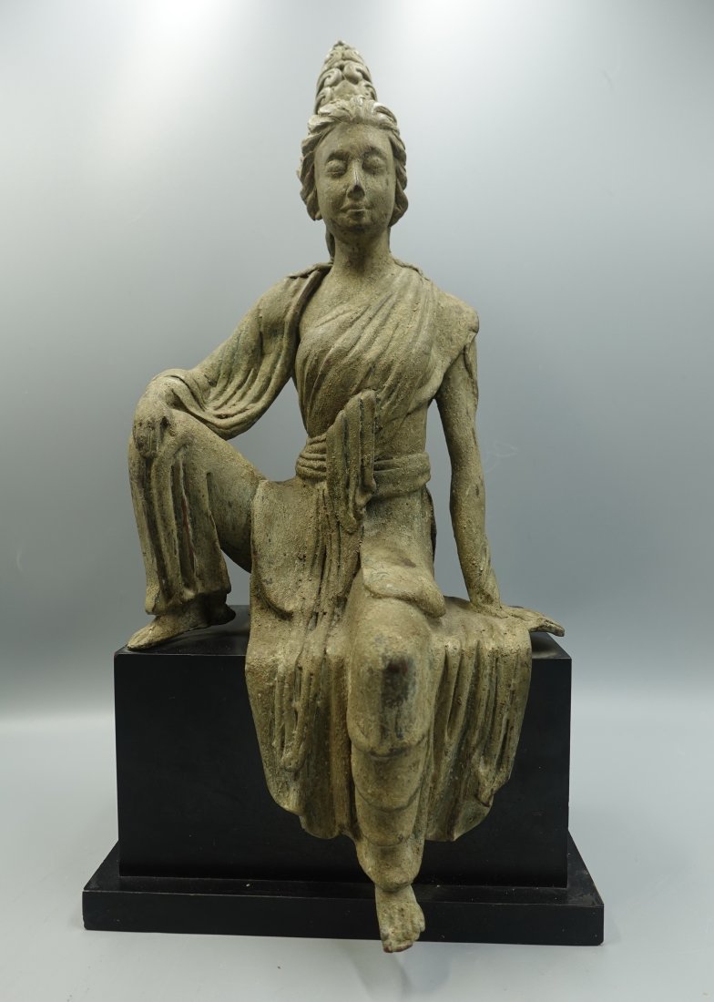 ANTIQUE SEATED ASIAN BUDDHA GANDHARA ROYAL STATUE SCULPTURE: An early possibly ancient statue seated in royal pose-bronze or copper covered with some type of paint that looks to have a lot of wear and corrosion-The statue itself is in very good condition-measur