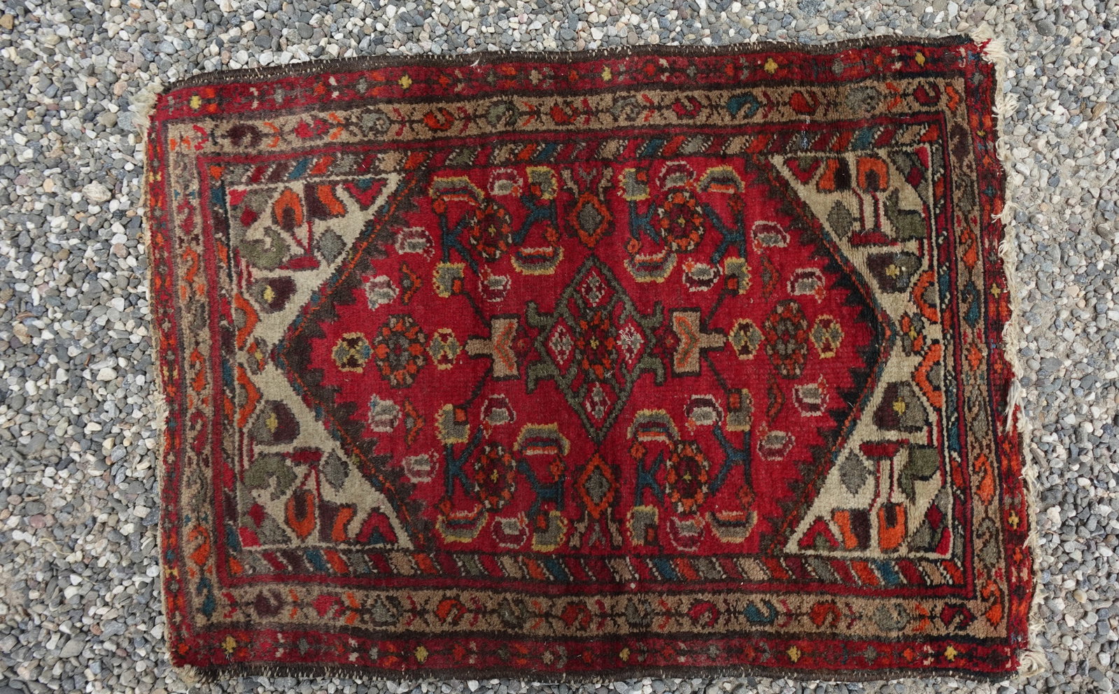 ANTIQUE ORIENTAL PRAYER RUG: ANTIQUE ORIENTAL PRAYER RUG-measures 32" x 23" across- age related wear-From the Estate of Barbara Kanash art dealer and collector Saddle River NJ----Purchases can be picked up at our Ho-ho-kus galler