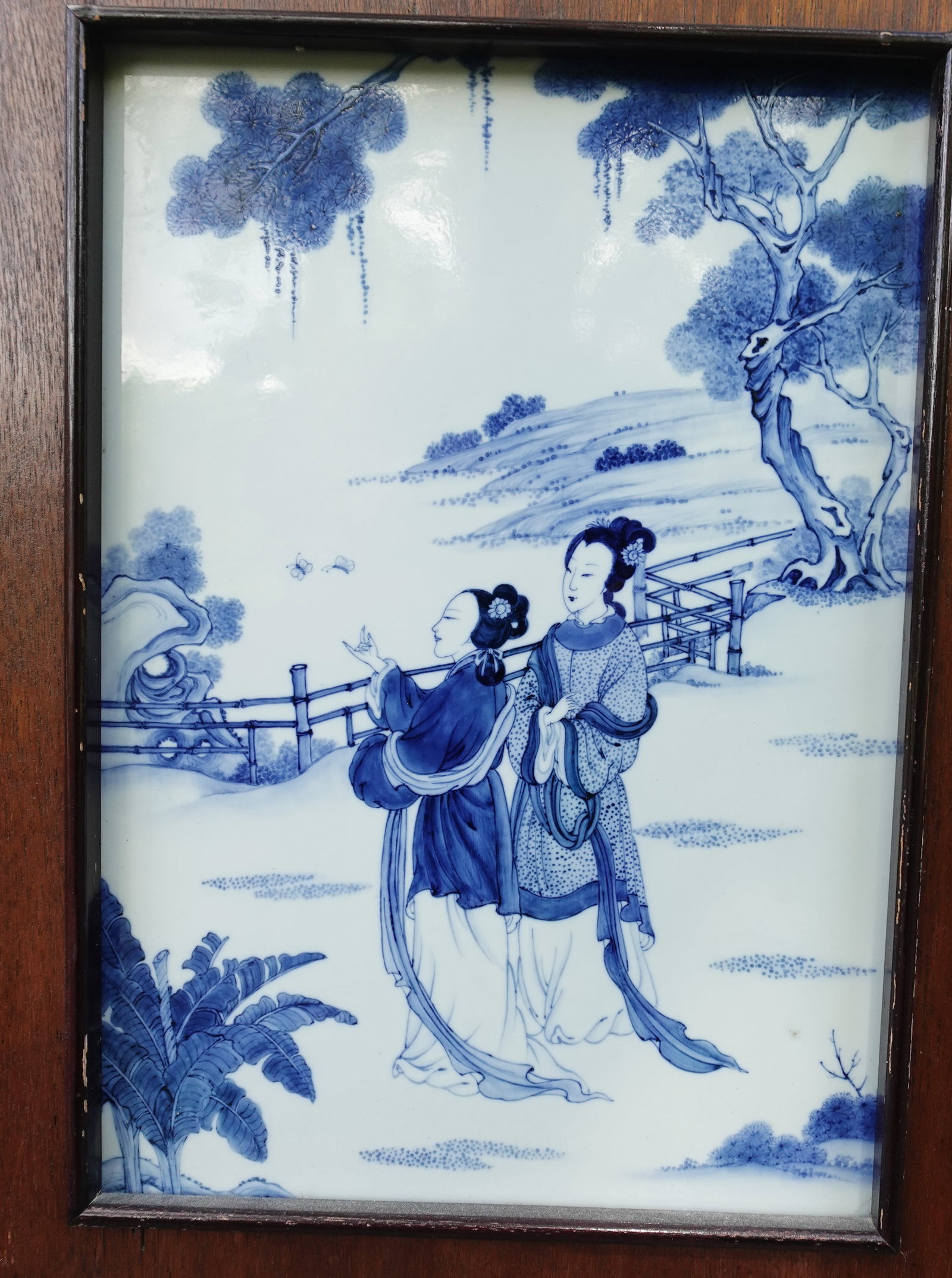 VINTAGE CHINESE BLUE AND WHITE PORCELAIN PLAQUE: Large blue and white porcelain plaque framed-in nice overall condition-framed 21.5" x 15.5" across---From the Estate of Barbara Kanash art dealer and collector Saddle River NJ----Purchases can be pick