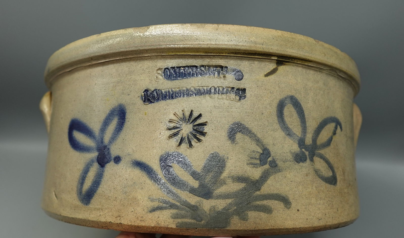 ANTIQUE SOMERSET POTTERSWORKS MA STONEWARE POT: ANTIQUE SOMERSET POTTERSWORKS MA STONEWARE POT-fully marked-measures 12" across and 5" tall-Three small interior rim chips one that extends to a very thin stable hairline-