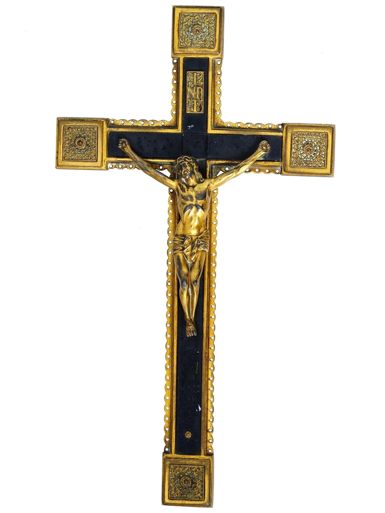 ANTIQUE ART DECO ERHARD & SONS GERMAN RELIGIOUS ALTAR CRUCIFIX: An antique Catholic church altar cross by Erhard a Sohne, Germany, circa the 1920 - 1930s. The crucifix is made of lacquered wood with gilt brass mounts and a relief figure of Jesus Christ. Bears an E