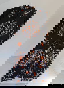 ANTIQUE CHINESE SILK BLACK ROBE TEXTILE: Antique Chinese Embroidered Silk black robe. Meticulously worked on the front and back in intricate stitch - The piece is in excellent condition for age-it was kept protected and rarely worn!!--measur