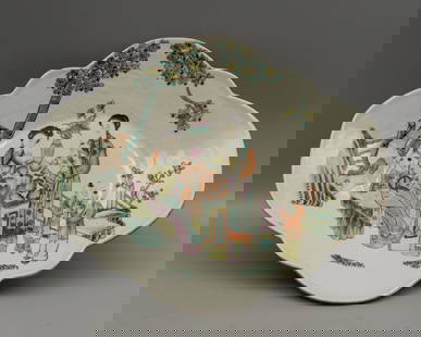 ANTIQUE CHINESE PORCELAIN FAMILLE ROSE FITTED DISH BOWL: Signed Antique Chinese Famille Rose Lobed Footed Dish decorated with women and children in a garden. 11 inches L x 9 deep x 2.5 H.--ALL MEDIUM AND SMALL ITEMS ARE SHIPPED In-HOUSE-Purchases can be pic