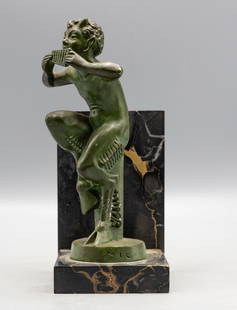 RARE MAX LE VERRIER FRENCH BRONZE MIC ART DECO FAUN SCULPTURE STATUE ON MARBLE BASE: Max Le Verrier - Mic - Fauna Playing The Pan Flute on marble base-measures 7" tall by 4" wide-nice condition--ALL MEDIUM AND SMALL ITEMS ARE SHIPPED In-HOUSE-Purchases can be picked up at our Ho-ho-ku