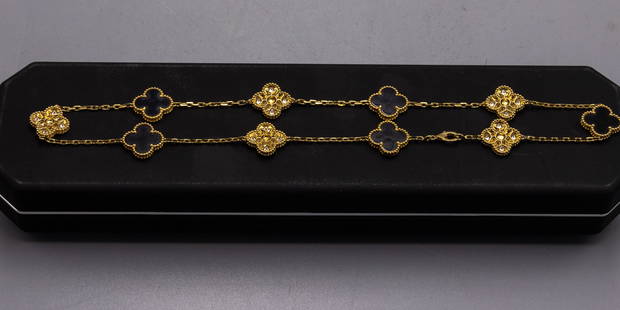 VAN CLEEF ARPELS 18K GOLD & DIAMOND 10 MOTIFS ALHAMBRA NECKLACE: Van Cleef Arpels, Yellow Gold & Diamonds-- Alhambra 10 Motifs Necklace, onyx and Diamond Condition: pre-owned Metal: 18K Yellow Gold Gem stones: onyx and Diamond --fully marked in interior-current ret