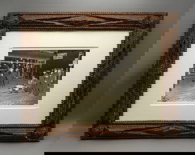 VINTAGE TRAMP ART FRAME WITH MURDER CRIME SCENE PHOTO PRINT INSIDE: United States December 09, the body of David Beadle {The Beetle } lies in the sidewalk at 46th St. and 10th Ave .He was shot down by two or three killers who escaped in a cab. original photo was taken