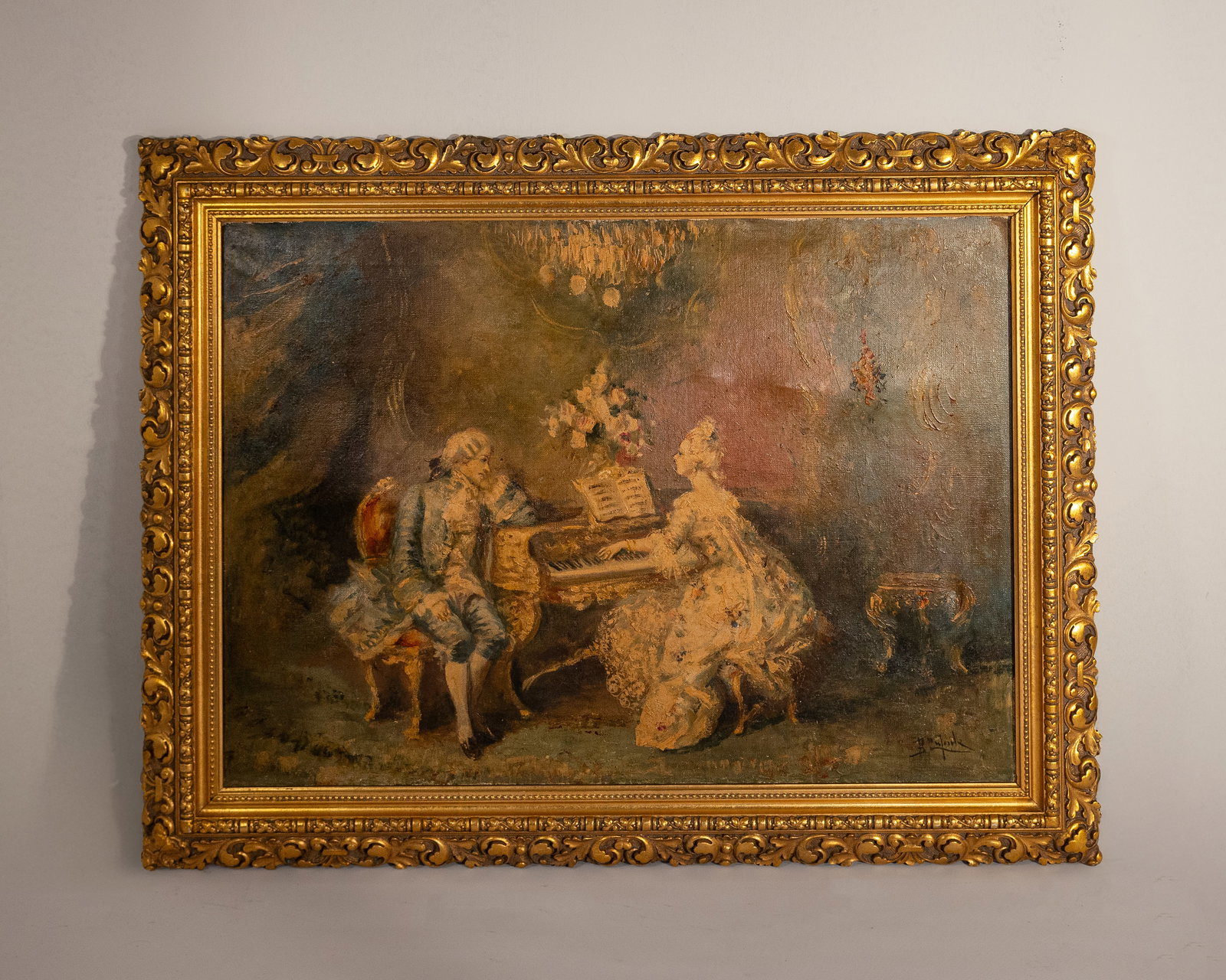 ANTIQUE OIL ON CANVAS FRENCH ROCOCO SCENE OF A MUSICAL PERFORMANCE FRAMED: ANTIQUE OIL ON CANVAS ROCOCO SCENE OF A MUSICAL PERFORMANCE Framed in a gilt wood elaborate frame-measures 23"x 34" across-illegibly signed lower right-overall good condition-Canvas not completely tig