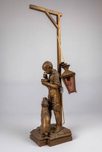 ANTIQUE FRENCH SCULPTURE STATUE LAMP VICTOR ROUSSEAU SIGNED: Important patinated spelter lamp representing a young boy, probably a butcher boy, drinking his soup accompanied by his pit bull / bulldog type dog. The boy is leaning against a gallows holding an ele