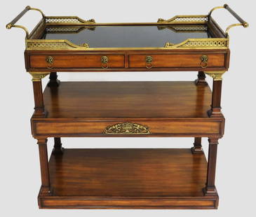 LABARGE MODERN THREE TIER ROLLING BAR CART: La Barge, three tier rolling bar cart, modern, black marble top with pierced brass gallery sides and handles, reeded square column supports, second tier shelf with a drawer to each side with double li