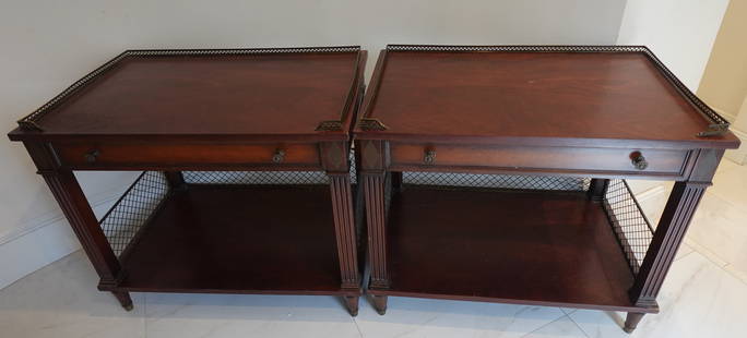 PAIR OF FRENCH WALNUT CONSOLE SIDE TABLES: A pair of French walnut console tables with brass gallery and single Drawer. Originally purchased at Doyle Auction in New York City 1990s--- console table features a rectangular top with pierced three