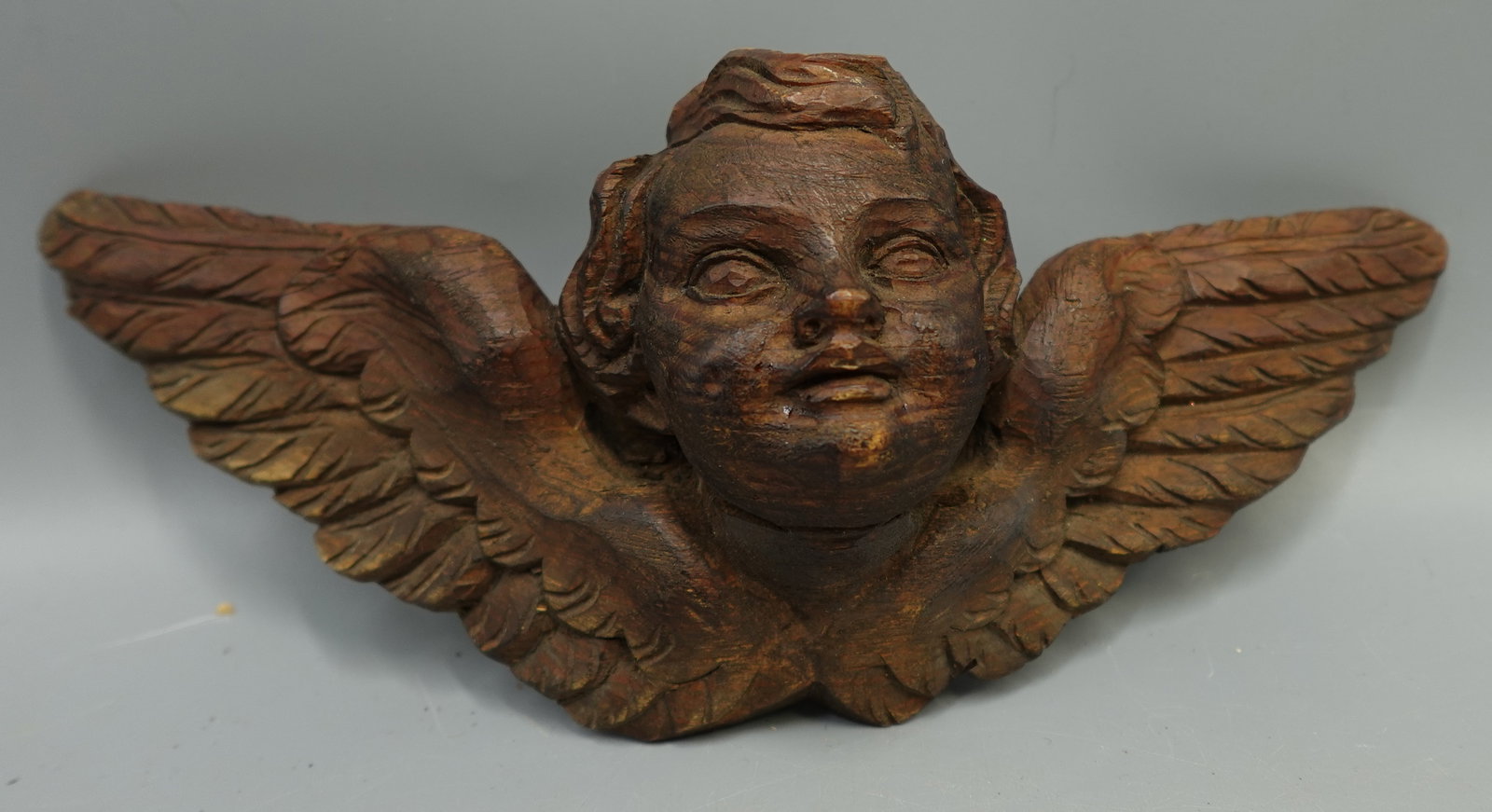 ANTIQUE WOOD CARVED CHERUB ANGEL  WALL SCULPTURE (1 of 4)