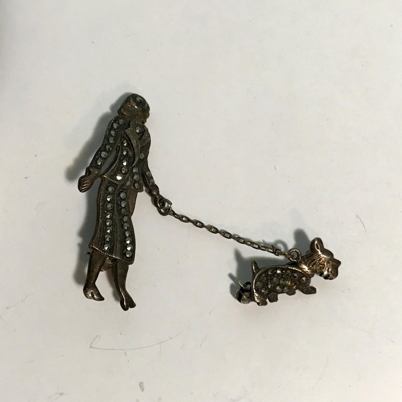 Vintage Sterling Brooch Lady Walking Scotty Dog: Vintage Sterling Silver Double Pin Brooch Marcasite Lady Walking Scotty Dog Please view all photos as they are part of the description and condition of this Item, Feel free to contact me with question