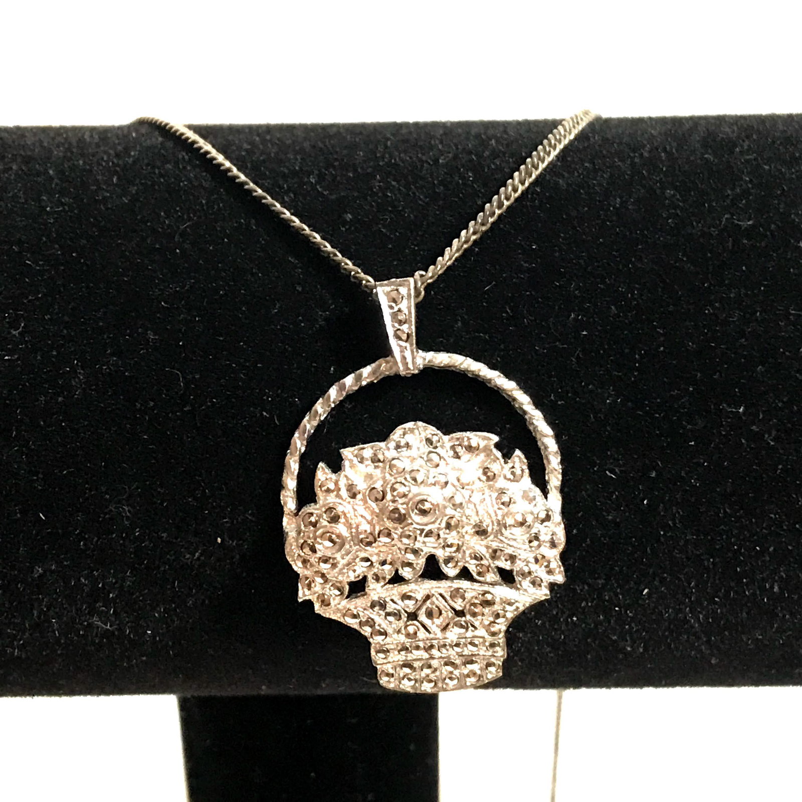 Sterling Marcasite Necklace Pendant Basket: Antique Sterling Silver Marcasite Necklace Pendant Flower Basket