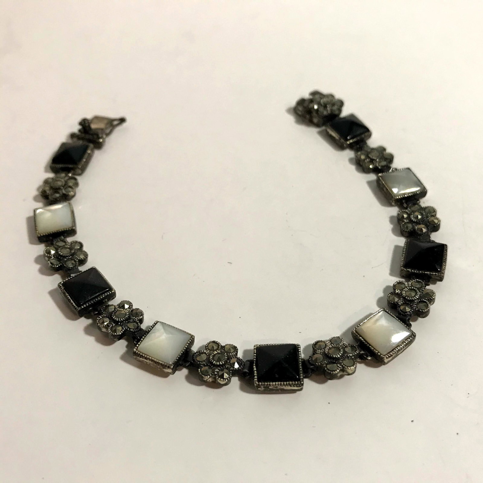 Sterling Round & Square Marcasite Bracelet: Sterling Silver Round & Square Marcasite Art Deco Tennis Bracelet 8" Long by HAN Pearl and Black onyx Stone Please view all photos as they are part of the description and condition of this Item, Feel 